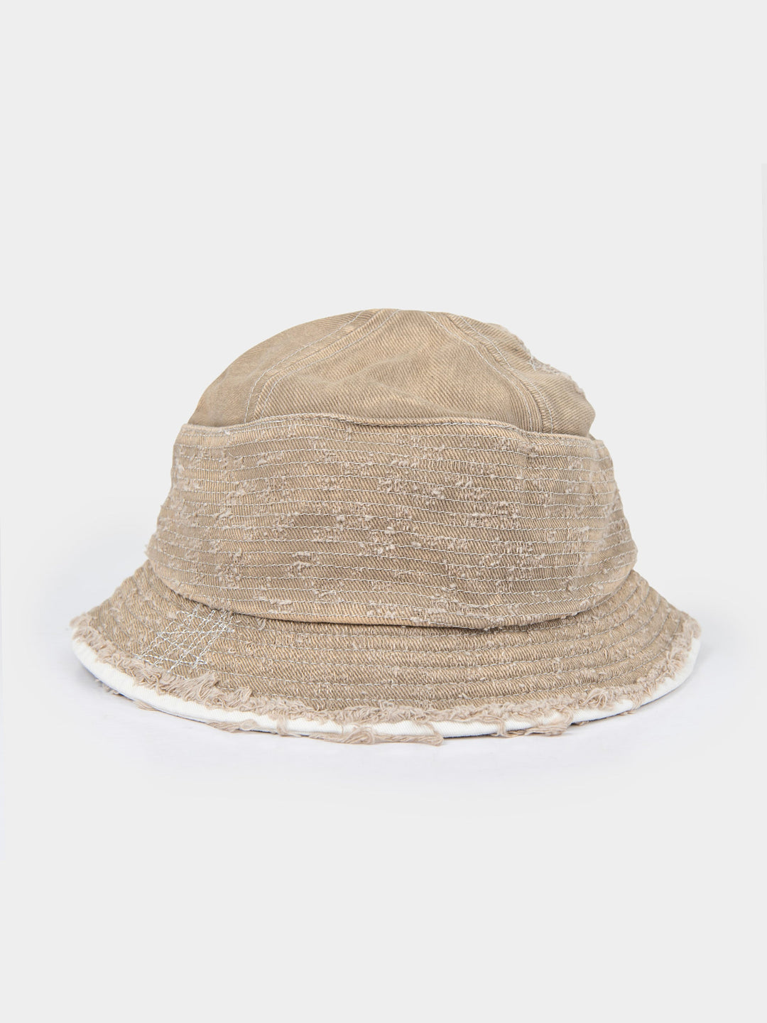Back view of the stone Palladium frayed bucket hat showing the washed canvas crown and frayed brim