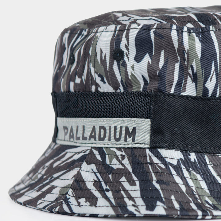 Palladium Vintage Bucket Hat in Grey - close-up of woven label and camo fabric detail