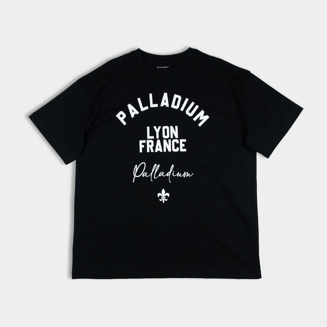 Lyon France Oversized Black T-Shirt - Front view with bold varsity graphic print, relaxed fit - Partisan and Co