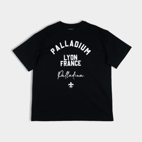 Lyon France Oversized Black T-Shirt - Front view with bold varsity graphic print, relaxed fit - Partisan and Co