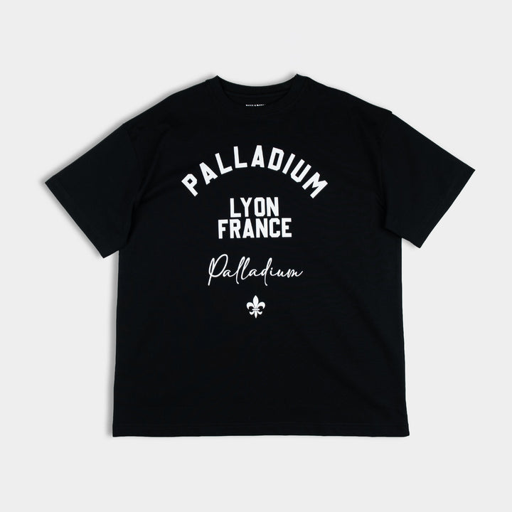 Lyon France Oversized Black T-Shirt - Front view with bold varsity graphic print, relaxed fit - Partisan and Co