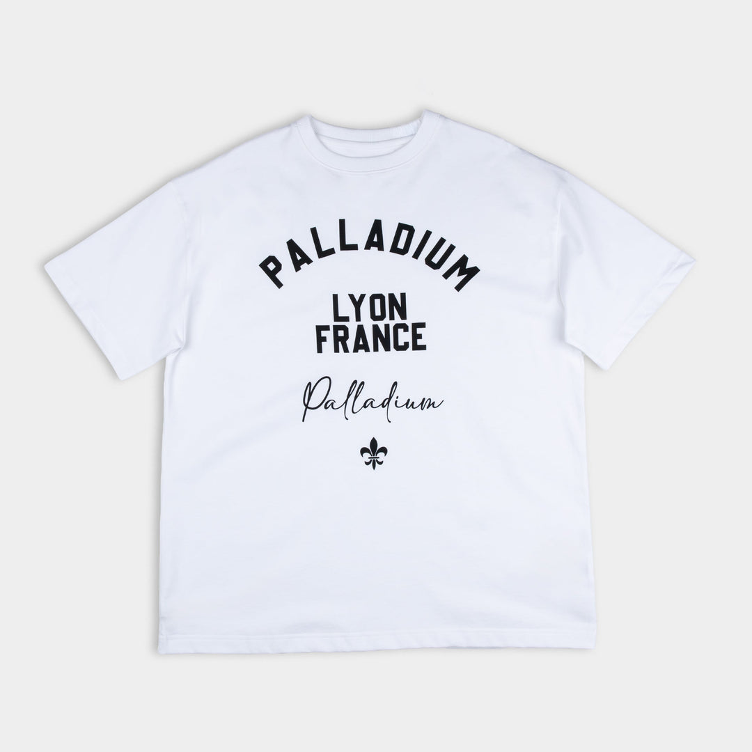 Lyon France Oversized White T-Shirt - Front view with bold varsity graphic print, relaxed fit - Partisan and Co