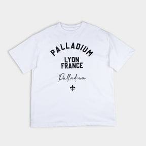 Lyon France Oversized White T-Shirt - Front view with bold varsity graphic print, relaxed fit - Partisan and Co