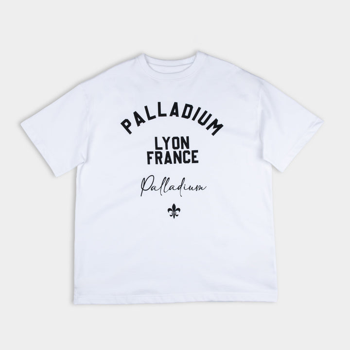 Lyon France Oversized White T-Shirt - Front view with bold varsity graphic print, relaxed fit - Partisan and Co