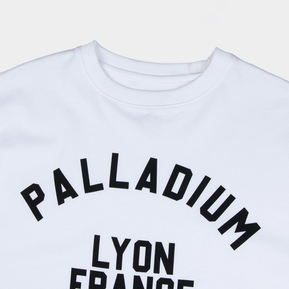 Lyon France Oversized White T-Shirt - Close-up of varsity graphic chest print - Partisan and Co streetwear
