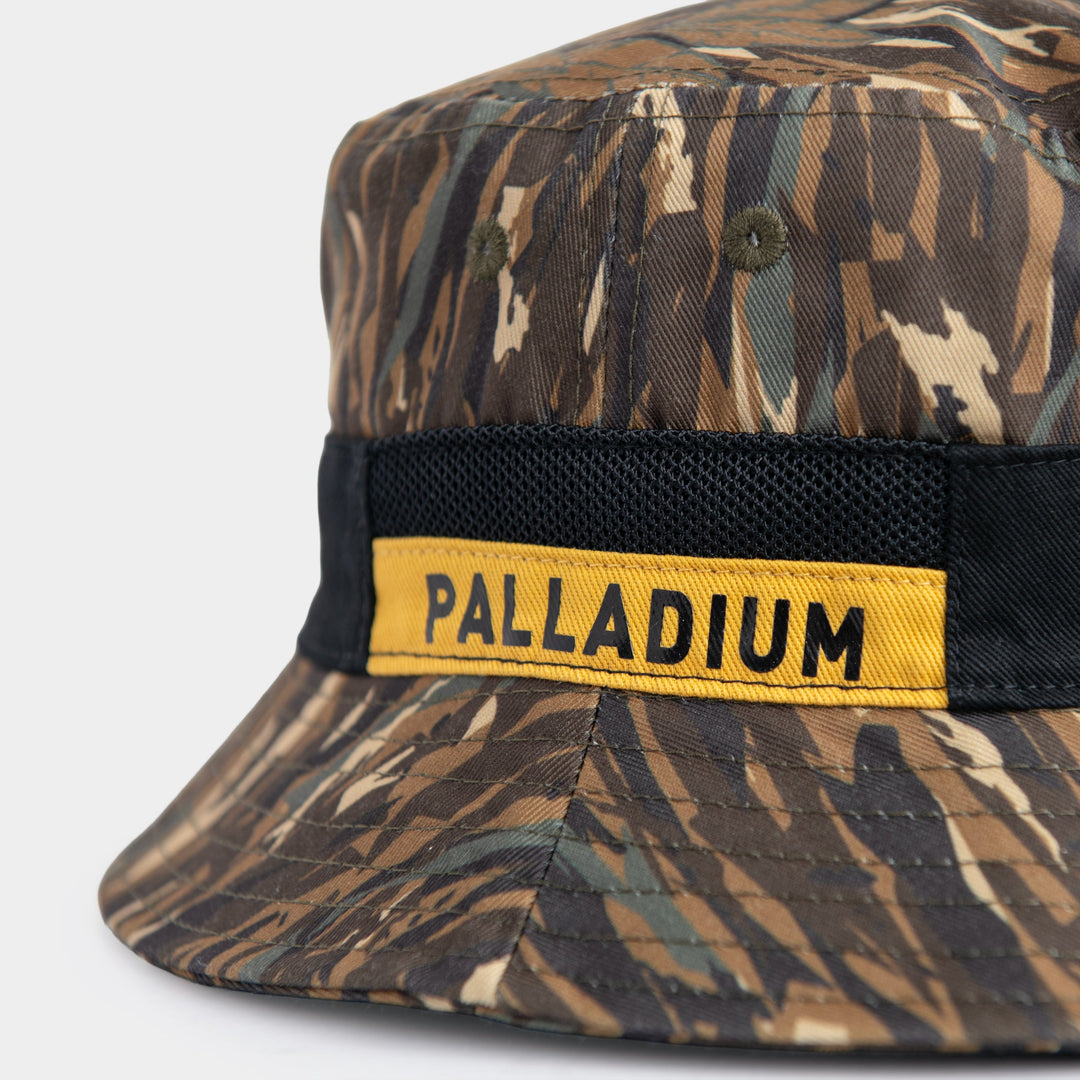 Palladium Vintage Bucket Hat in Khaki - close-up of woven label and camo fabric detail