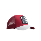 Red and white trucker cap with a patch