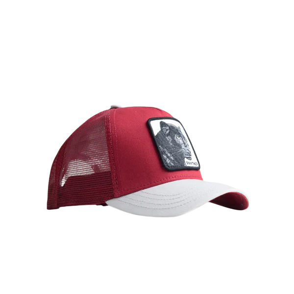 Red and white trucker cap with a patch
