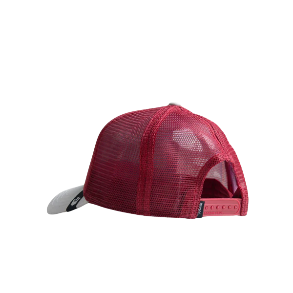 Back view of Red mesh cap with a white brim 