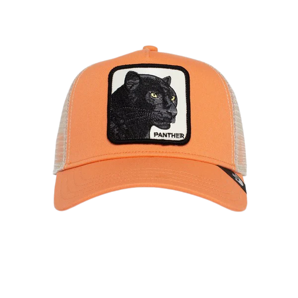 Goorin Bros Panther Trucker Cap in coral beige with black panther patch on front panel and mesh back with adjustable snapback