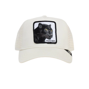 Goorin Bros Panther Trucker Cap in white with black panther patch on front panel and mesh back with adjustable snapback