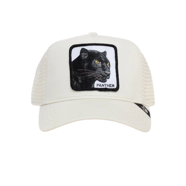 Goorin Bros Panther Trucker Cap in white with black panther patch on front panel and mesh back with adjustable snapback