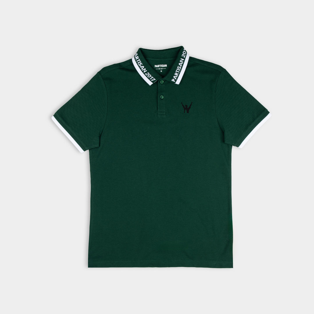 Partisan 2017 Polo in Vintage Pine green — contrast collar, woven branding and embossed chest emblem