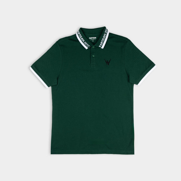 Partisan 2017 Polo in Vintage Pine green — contrast collar, woven branding and embossed chest emblem