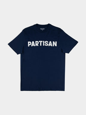 Partisan Foil Print T-Shirt in Navy — bold metallic foil logo print across the chest on a deep navy blue tee