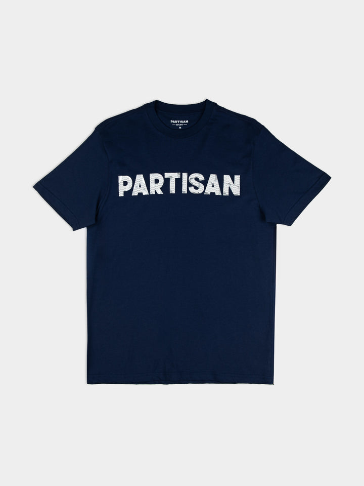Partisan Foil Print T-Shirt in Navy — bold metallic foil logo print across the chest on a deep navy blue tee