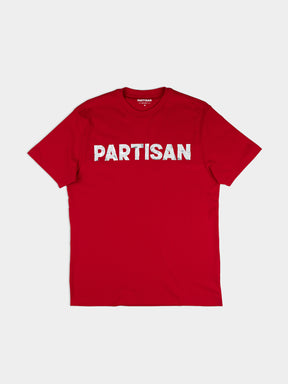 Partisan Foil Print T-Shirt in Red — bold metallic foil logo print across the chest on a classic red tee