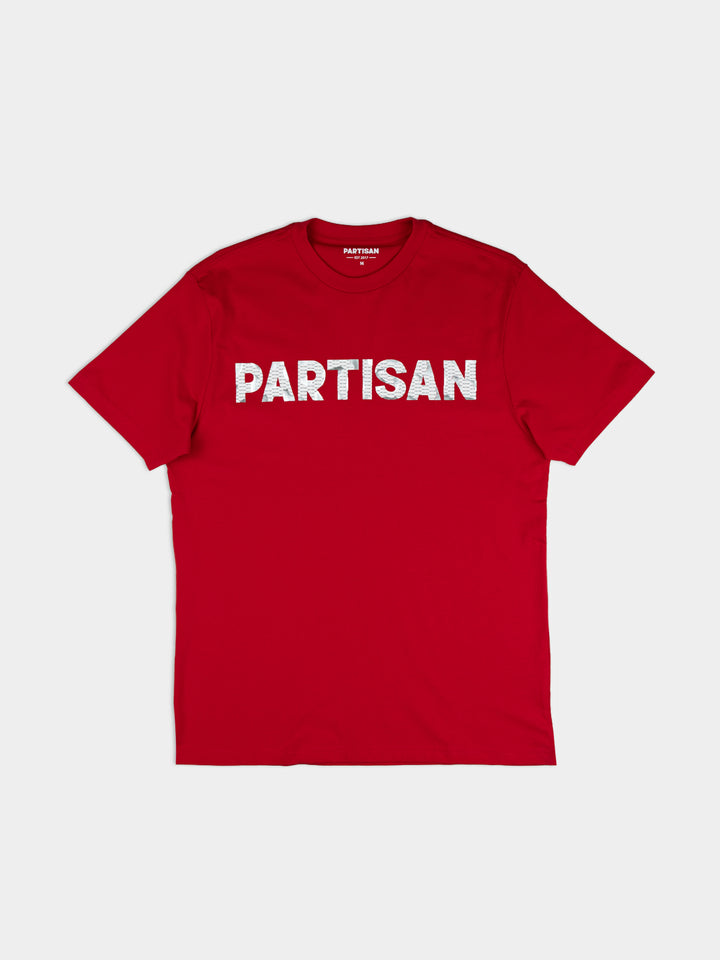 Partisan Foil Print T-Shirt in Red — bold metallic foil logo print across the chest on a classic red tee