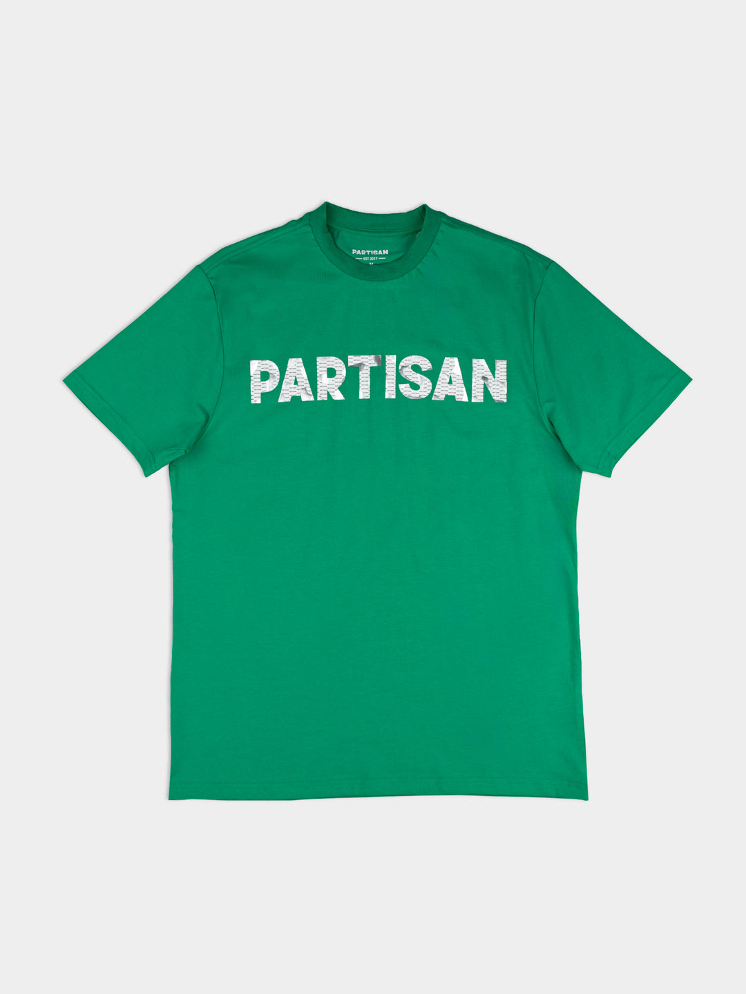 Partisan Foil Print T-Shirt in Staford Green — bold metallic foil logo print across the chest on a vivid green tee