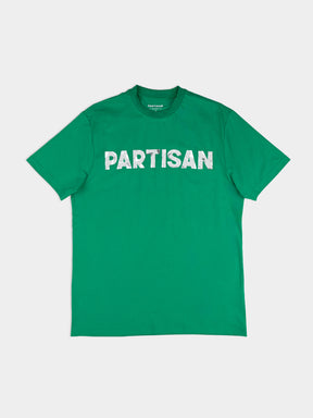Partisan Foil Print T-Shirt in Staford Green — bold metallic foil logo print across the chest on a vivid green tee