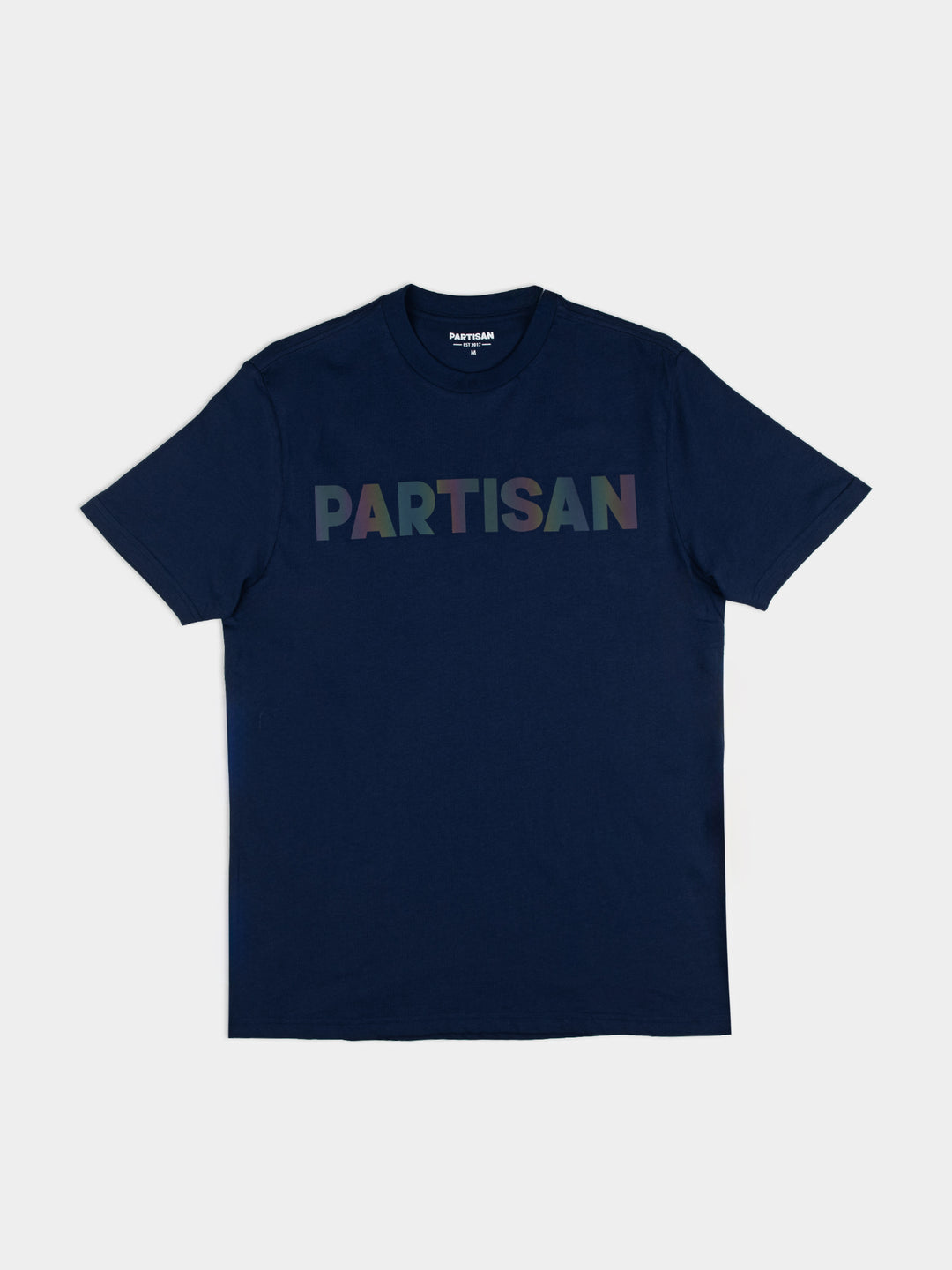 Partisan Reflective Print Tee in Navy Blue – front view showing bold multicolour reflective chest logo on a unisex streetwear t-shirt by Partisan and Co