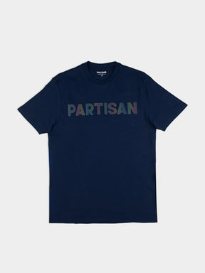 Partisan Reflective Print Tee in Navy Blue – front view showing bold multicolour reflective chest logo on a unisex streetwear t-shirt by Partisan and Co