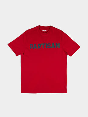 Partisan Reflective Print Tee in Red – front view showing bold reflective chest logo on a unisex streetwear t-shirt by Partisan and Co