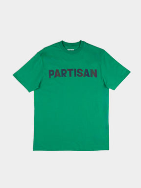 Partisan Reflective Print Tee in Staford Green – front view showing bold reflective chest logo on a unisex streetwear t-shirt by Partisan and Co