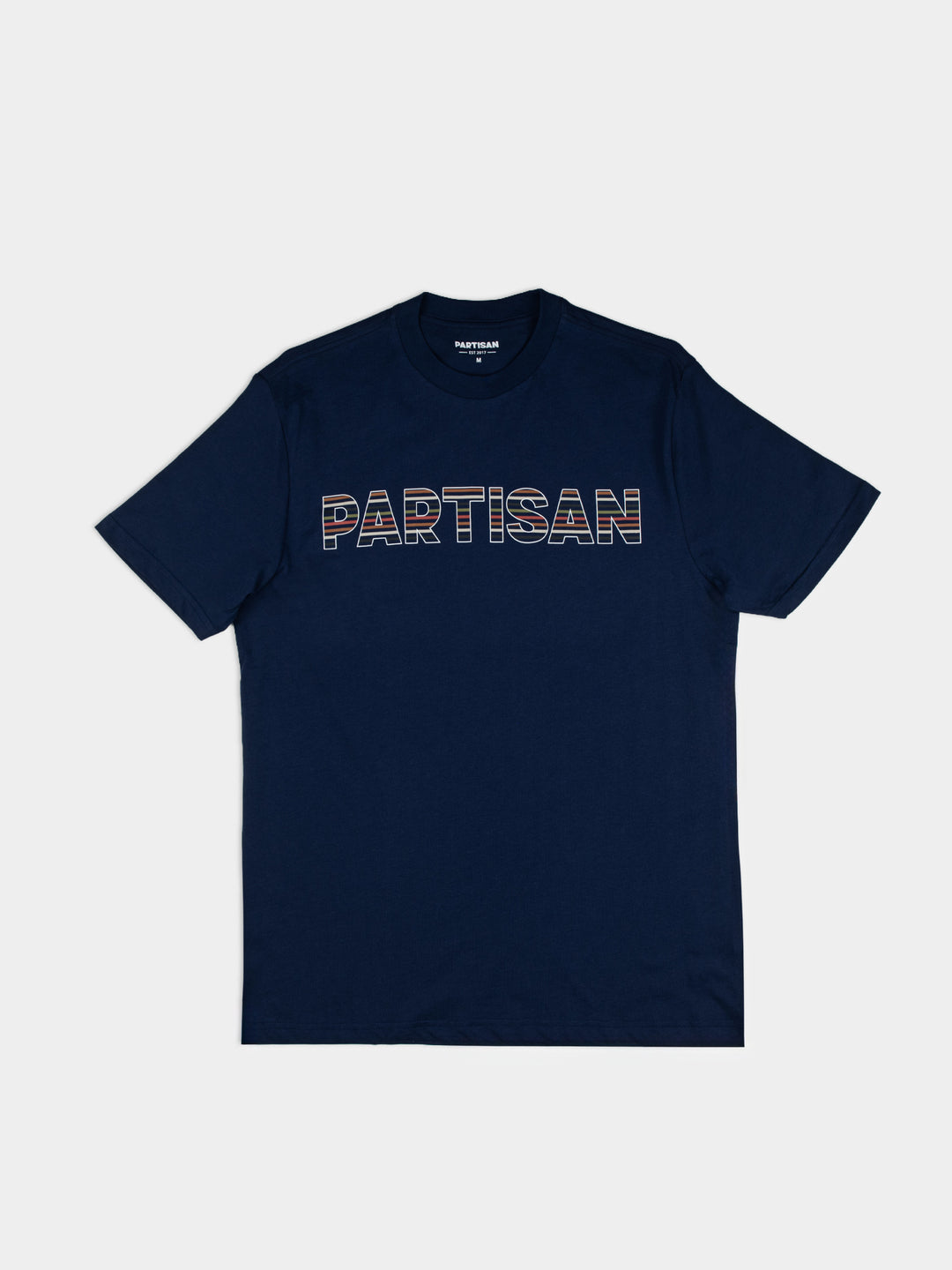 Partisan Stripe Print Tee in Navy – front view, bold tonal stripe graphic tee by Partisan and Co