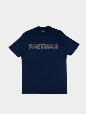 Partisan Stripe Print Tee in Navy – front view, bold tonal stripe graphic tee by Partisan and Co