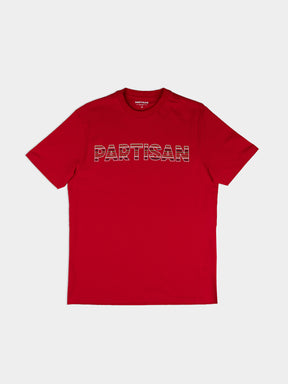Partisan Stripe Print Tee in Red – front view, bold tonal stripe graphic tee by Partisan and Co