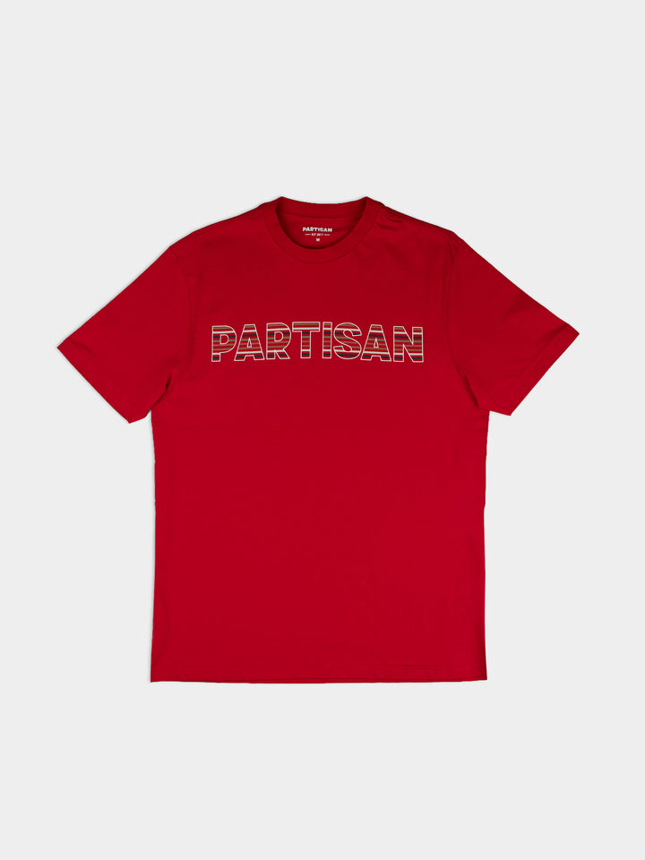 Partisan Stripe Print Tee in Red – front view, bold tonal stripe graphic tee by Partisan and Co
