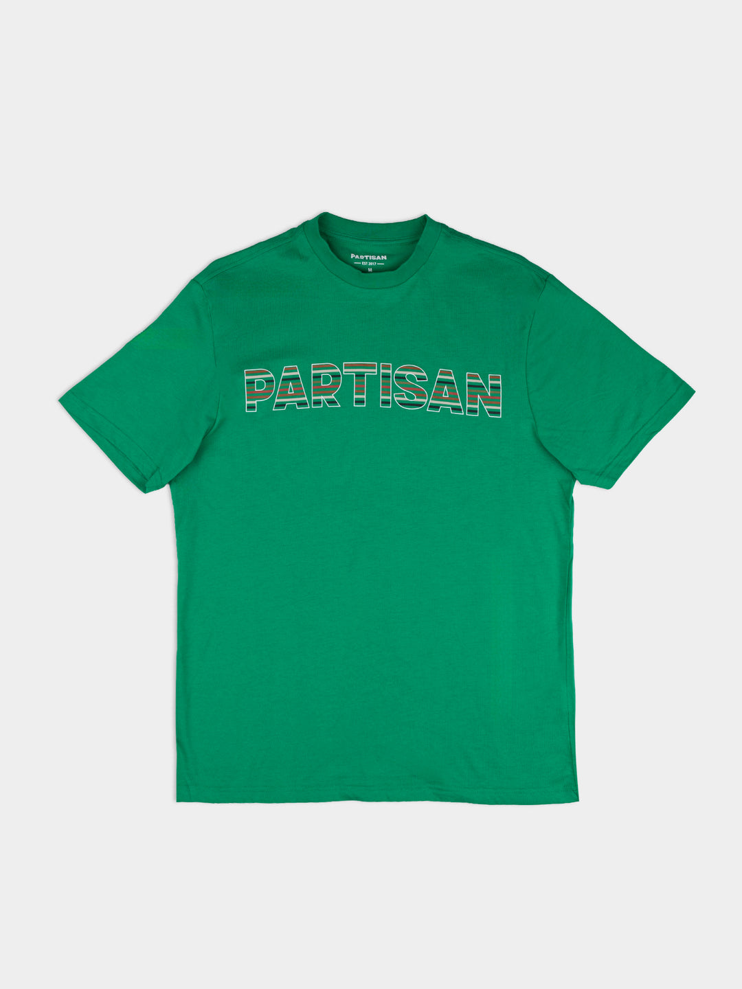 Partisan Stripe Print Tee in Staford Green – front view, bold tonal stripe graphic tee by Partisan and Co