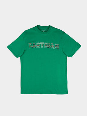 Partisan Stripe Print Tee in Staford Green – front view, bold tonal stripe graphic tee by Partisan and Co