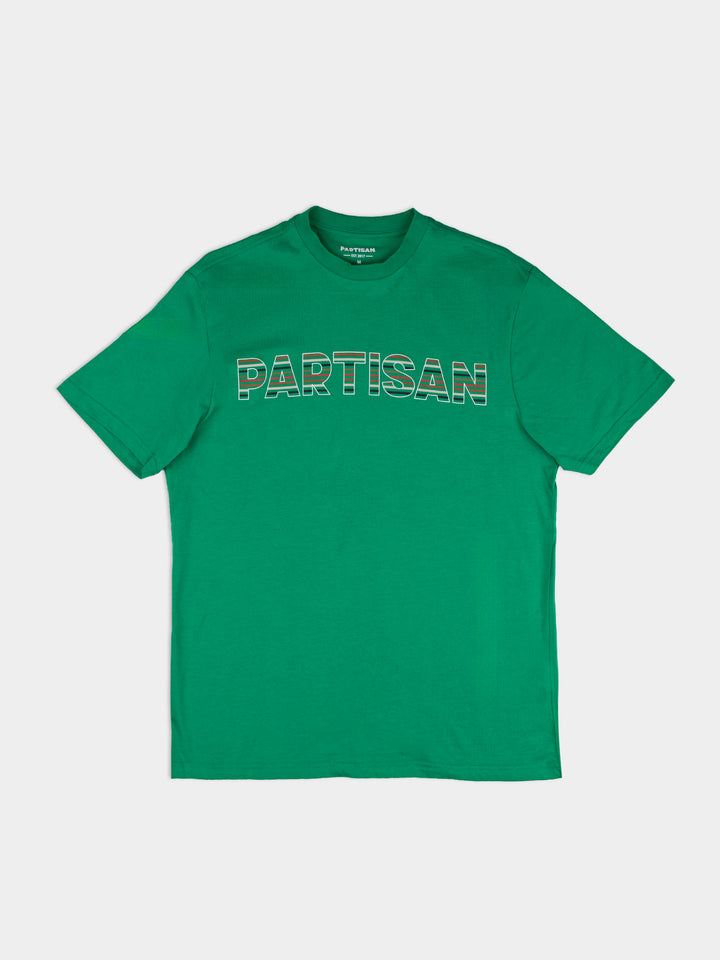 Partisan Stripe Print Tee in Staford Green – front view, bold tonal stripe graphic tee by Partisan and Co