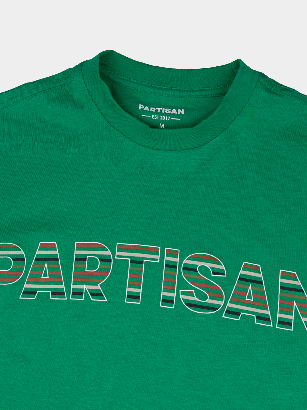 Partisan Stripe Print Tee in Staford Green – close-up of tonal stripe print logo detail by Partisan and Co