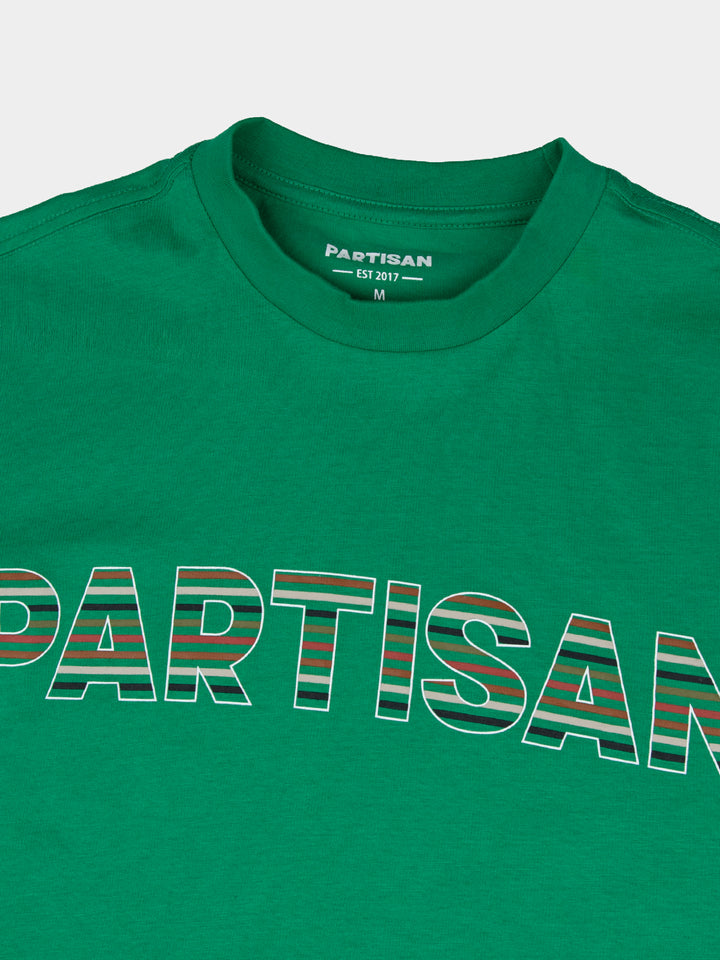 Partisan Stripe Print Tee in Staford Green – close-up of tonal stripe print logo detail by Partisan and Co