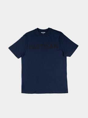 Partisan Tonal Print Tee in Navy – Men's navy blue graphic t-shirt with tonal Partisan logo, front view on white background