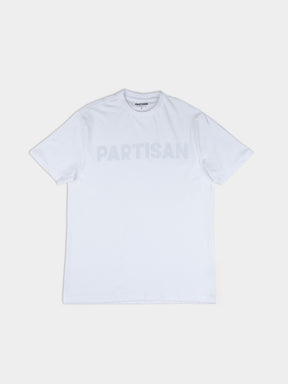 Partisan Tonal Print Tee in White – Men's white graphic t-shirt with tonal Partisan logo, front view on light grey background