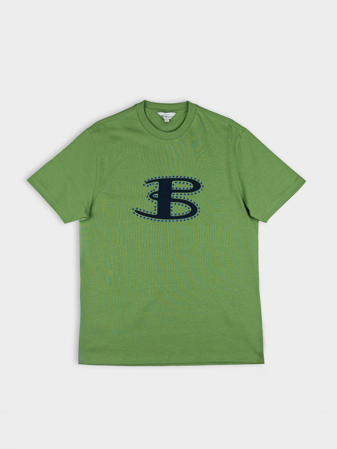 Ben Sherman B Bling Tee in Piquant Green - front view showing bold oversized rhinestone B logo graphic on relaxed fit green cotton crew neck t-shirt