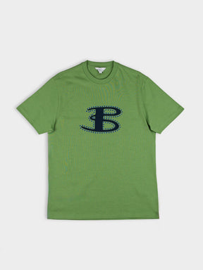 Ben Sherman B Bling Tee in Piquant Green - front view showing bold oversized rhinestone B logo graphic on relaxed fit green cotton crew neck t-shirt