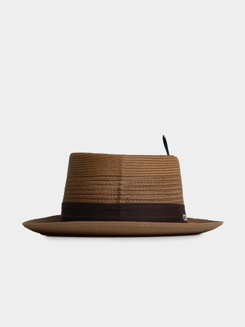 Cuba Libre Gold Pork Pie Straw Hat - side profile view showing flat crown and narrow brim with dark band