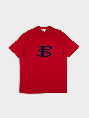 Ben Sherman B Bling Tee in Red - front view with rhinestone 'B' logo on red cotton crew neck tee