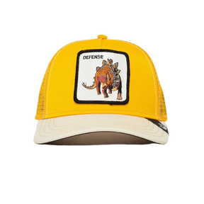 Goorin Bros Roofed Lizard yellow trucker cap with embroidered lizard patch, front view showing structured crown and mesh back