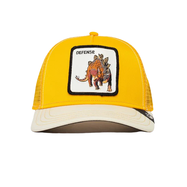 Goorin Bros Roofed Lizard yellow trucker cap with embroidered lizard patch, front view showing structured crown and mesh back