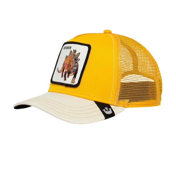 Goorin Bros Roofed Lizard yellow trucker cap, side profile showing yellow mesh panels, cream brim and embroidered animal patch