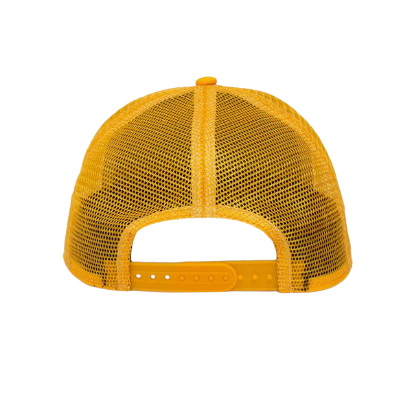 Goorin Bros yellow trucker cap back view with full yellow mesh panel, snapback adjustable strap and structured crown
