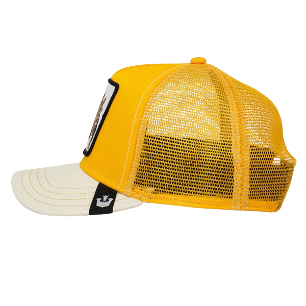 Goorin Bros yellow trucker cap rear-side view displaying open yellow mesh back, snapback closure and adjustable fit