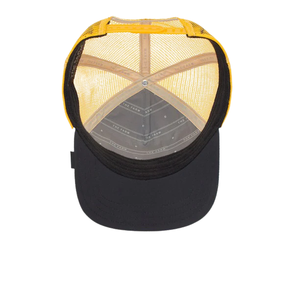 Goorin Bros yellow trucker cap interior view showing branded sweatband lining, mesh construction and Goorin Farm label