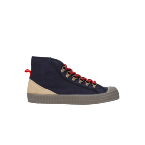 Partisan and Co S.D. Hiker 27 high-top sneaker in navy and grey – cotton canvas upper with red laces and natural rubber sole, side profile view